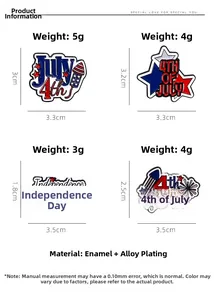 Size chart showing weight and dimensions for four unique enamel Independence Day pins