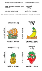 Guide des tailles avec poids et dimensions des épingles en alliage de fruits de dessin animé