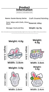 Macro view of cartoon Easter bunny and egg alloy badges with detailed size measurements
