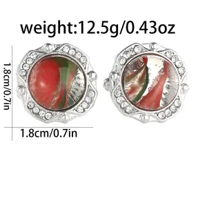 Detail showing dimensions of 1.8cm silver round cufflinks with crystals and green pattern