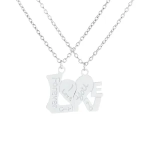 Minimalist silver heart couple necklaces with Forever Love engraving and puzzle pendants