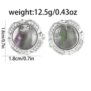 Detail showing dimensions of 1.8cm silver round cufflinks with purple marble texture