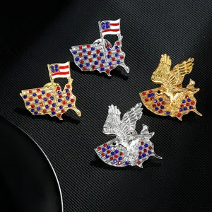 Detail of eagle and USA map pins with red and blue rhinestones on black background