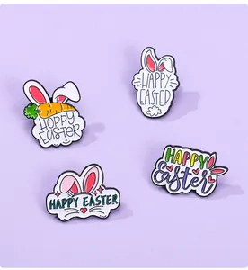 Detailed view of four colorful enamel Easter bunny and egg pins on a purple background