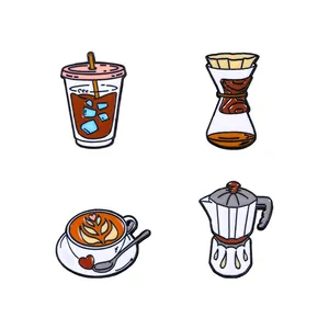 Set of 4 creative coffee enamel pins featuring moka pot and latte designs for backpacks