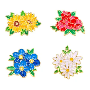 Set of 4 floral enamel pins including sunflower and peony with gold plating finish