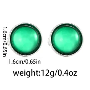 Detail showing 1.6cm green round gemstone cufflinks with silver metal base and 12g weight