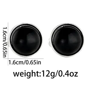 Minimalist round cufflinks with black gemstone inlay in silver setting, 1.6cm diameter