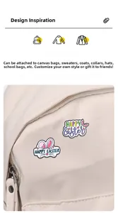 Close-up of Easter rabbit and Happy Easter enamel pins on a beige canvas backpack