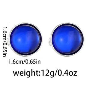 Detailed view of 1.6cm round silver cufflinks with deep blue gemstone inlay and size data