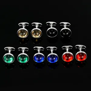 Set of five pairs of round gemstone cufflinks in various colors with silver metal finish