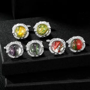 Luxury Round Alloy Cufflinks With Glass Marble Swirl Pattern Rhinestone Inlaid Silver Plated Business Wedding Shirt Cuff Links