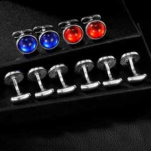 Classic round gemstone cufflinks set in S925 sterling silver with blue and red stones
