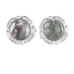 Polished silver cufflinks with crystal inlay and purple green abstract center