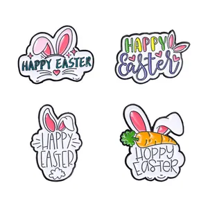 Set of four cartoon enamel Easter badges with cute rabbit and egg designs in white and pink