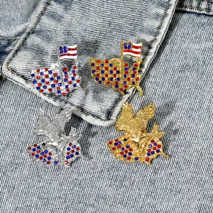 Detailed view of American eagle and map brooches with red, white, and blue rhinestones