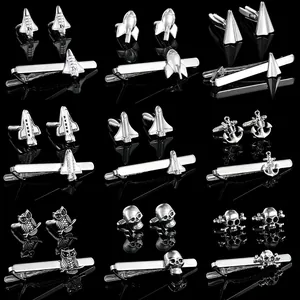 Herren Business Legierung Krawattenklammer Und Manschettenknöpfe Set Silber Anker Space Shuttle Rakete Papierflugzeug Eule Totenkopf Schmuck