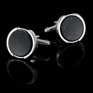 Boutons de Manchette Minimalistes Ronds Noirs en Quartz Fumé pour Hommes Alliage Électroplaqué Ton Argent Chemise Affaires Mariage
