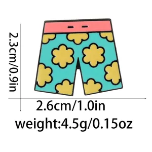 Detail view of floral beach shorts enamel pin with dimensions and weight specs