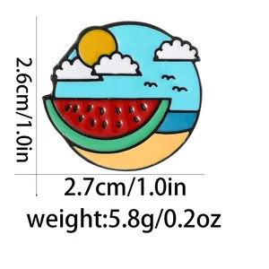 Detail view of summer badge enamel pin with watermelon design showing dimensions and weight