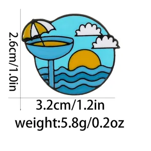Detail showing dimensions of beach badge enamel pin with sunset and wave design