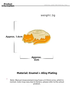 Detailed view of orange and white sleeping cat enamel pin with dimensions 3cm x 1.6cm
