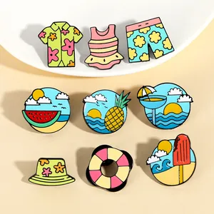 Set of 9 summer beach enamel pins featuring swimwear, cocktails, and tropical elements