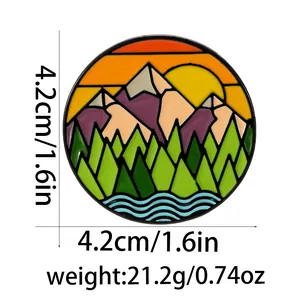 Imán de nevera giratorio con diseño colorido de paisaje de bosque y montaña al atardecer