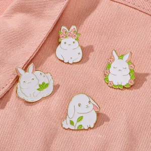 Cute Cartoon White Rabbit Enamel Pin Alloy Flower Leaf Animal Brooch Badge For Women Kids Clothing Bag Accessories Gift