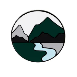 Imán de nevera rotativo con paisaje de montaña minimalista y diseño de río azul