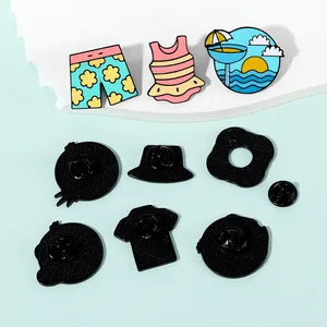 Three-piece beach badge set with summer enamel swimsuit and sunset pin designs