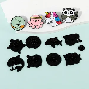 Cartoon animal enamel pins set with owl snail and unicorn designs shown front and back