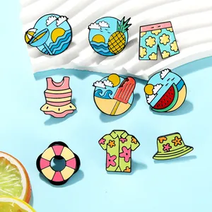 Detailed macro view of 9-piece summer beach enamel pin set with colorful vacation icons