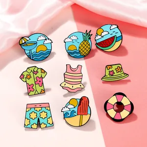 Macro view of nine summer beach enamel pins featuring sunset landscapes and tropical designs
