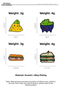 Detailed view of enamel food pins including sandwich and snacks with size measurements