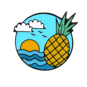 Tropical beach enamel pin with sunset and pineapple design for backpacks and outdoor travel