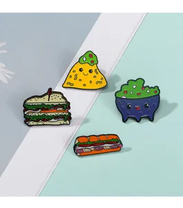 Close-up of 4 cartoon food enamel pins featuring cute sandwich and avocado designs