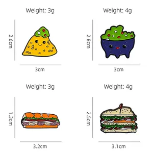 Cartoon food enamel pin set featuring sandwich and nachos with weight and size details