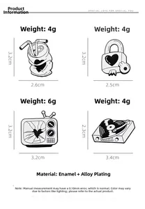 Detail specifications for retro enamel pins showing sizes and weights of four designs