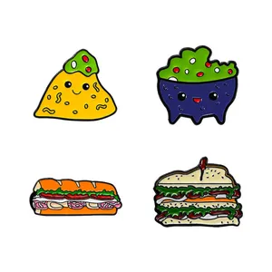 Set of 4 colorful cartoon food enamel pins featuring sandwiches, dip bowl, and nachos