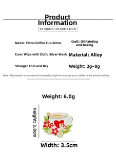 Détails techniques d'une broche tasse à fleurs en émail avec dimensions et poids