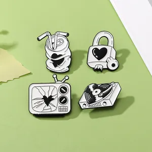 Retro Black White Enamel Brooch Pin Set Alloy Badge TV Record Player Soda Can Heart Lock Key Fashion Clothing Accessories