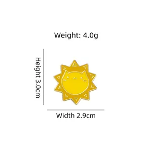 Broche soleil en émail jaune avec visage de chat, 3,0 cm de haut et 4,0 g