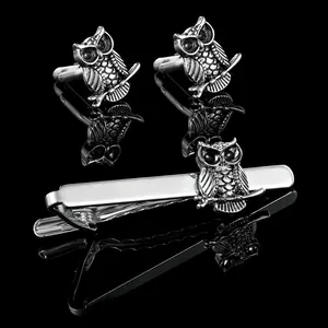 Men's antique silver owl tie clip and cufflinks set with black bead eyes for business suits