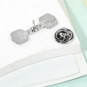 Zinc alloy dumbbell badge with silver butterfly clutch back and anti-slip mesh base
