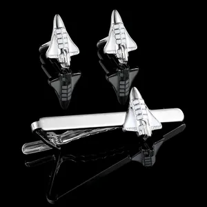 Silver alloy spaceship shuttle cufflinks and tie clip set with white enamel finish