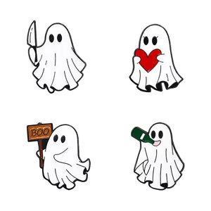 Lot de 4 épingles en émail de fantômes d'Halloween avec motifs variés en métal blanc