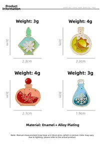 Size and weight details for seasonal potion enamel pins with floral and snowflake designs