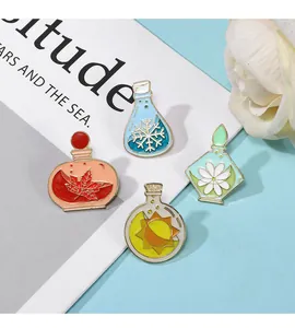 Detailed view of four enamel pins with seasons and nature themes on a book and rose background