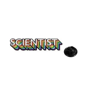 Regenbogenfarbene SCENTIST Text-Emaille-Anstecknadel mit robustem Schmetterlingsverschluss